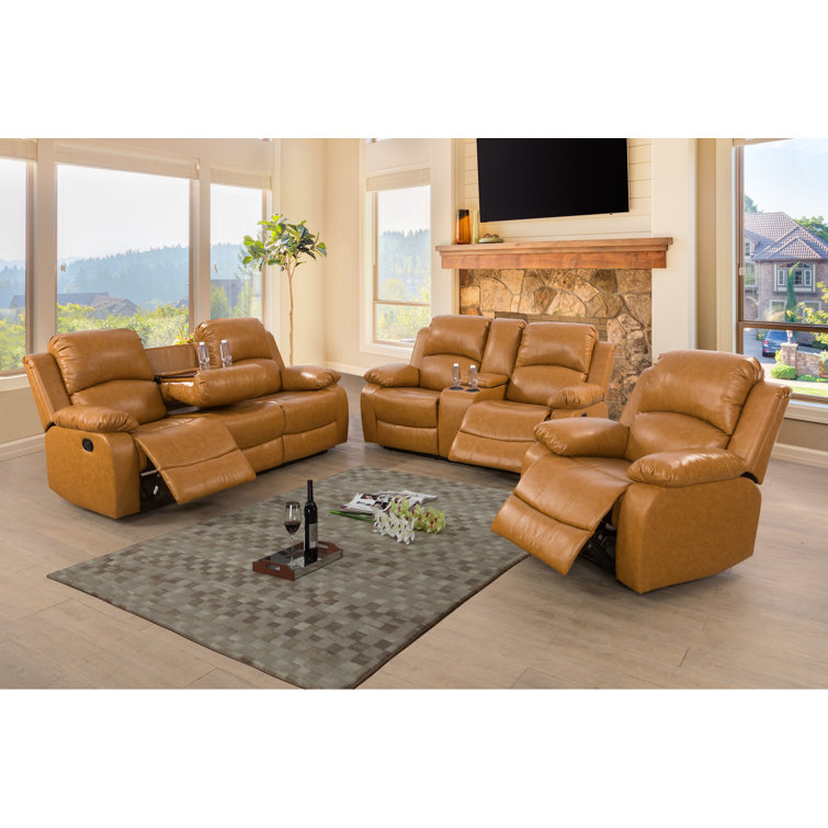 Camel leather reclining online sofa